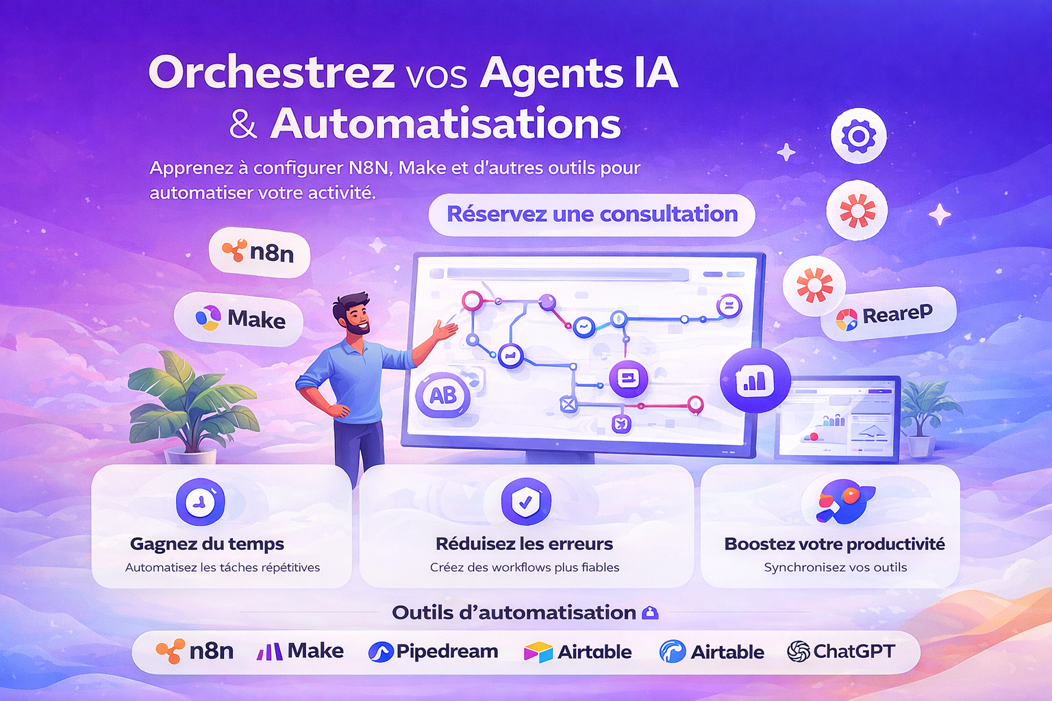 Coaching en orchestration d’agents IA, N8N, Make et automatisation métier